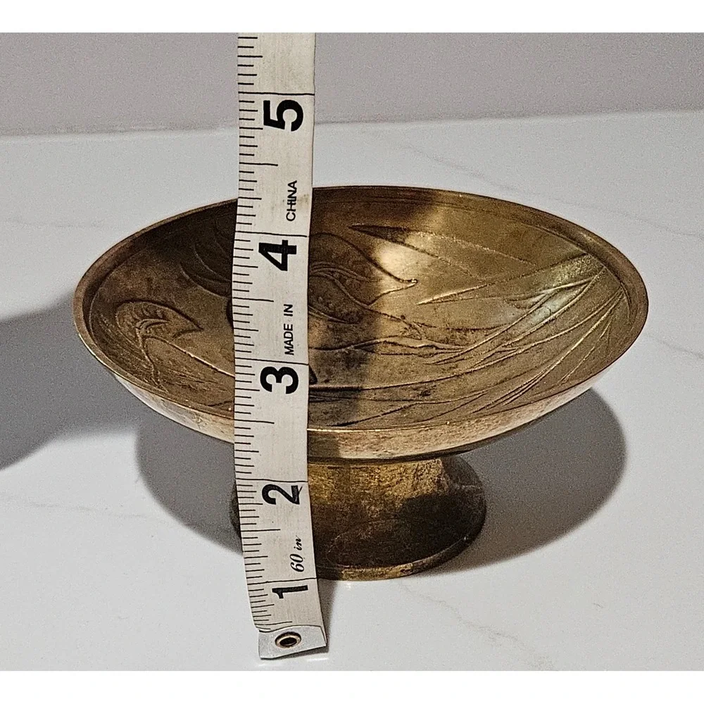 Vintage Etched Brass Pedestal Bowl Iris Floral Footed Trinket Dish Compote